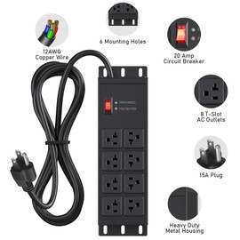JUNNUJ Heavy Duty Surge Protector Power Strip 4800J, Garage Metal 8 Outlets 20 Amp 12 Gauge, High Amp 5-15P Adapter Shop 6-20R T-Slot Industrial Outlet, 10 FT Extension Cord Commercial for Appliance