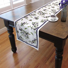 CAIT CHAPMAN HOME COLLECTION Autumn Winter Printed Nature Botanic Easy-Care Fabric Tablecloth (Border print 14"x72" Runner, Olive Branch)