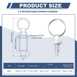 PATIKIL 4 Pcs Spring Plunger with Pull Ring, M6x1 Stainless Steel Pull Ring Indexing Plunger Retractable Spring Manual Plungers for Mould Cabinet Industrial Equipment