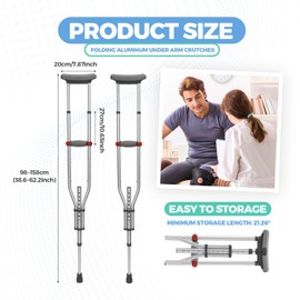 Geiserailie 1 Pair Aluminum Underarm Crutches Lightweight Crutches with Height Adjustment up to 300 Lbs Walking Aid for Adults Elder Range 4'6”– 6'6” with Underarm Pad and Hand Grip