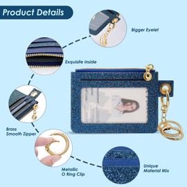 M-Plateau Key Chain Wallet Women, Credit Card Holder for Women with Metal Key Chain Ring for Car Keys,Ladies Mini Purse with ID Window and Zipper Pocket (Bling Blue)
