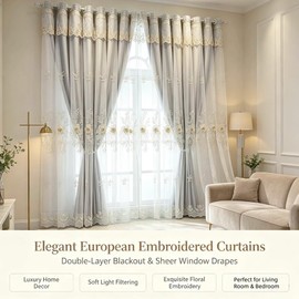Amidoudou 1 Pair Luxury European Curtains with Valance for Living Room Bedroom Double Layer Embroidered Room Darkening Curtains (Grey,51x95 Inch)