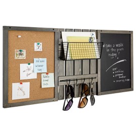MyGift 3 Panel Wall Mounted Entryway Bulletin Board Combo Set with Vintage Gray Solid Wood Frame, Chalkboard, Cork Board, Black Metal Mail Basket, and Hanging Rail