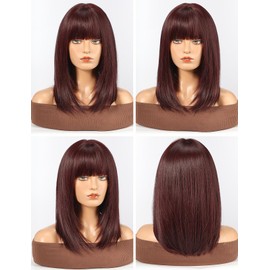 HAIRCUBE Staright Wig with Bangs Synthetic Mid-length Layered Wigs for Women Wine Red Color