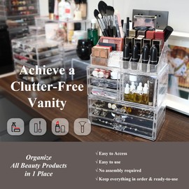 Sea Team 3-Layer Stackable Clear Makeup Organizer with Drawers, Acrylic Plastic Cosmetic Display Case, Jewelry Storage Box for Dresser, Bathroom, Vanity, Countertop (7 Drawers, 1 Lipstick Holder)