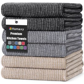 Homaxy Premium Kitchen Towels(18”x 28”, 6 Pack), Large Cotton Kitchen Hand Towels, Flat and Terry Dish Towels, 380 GSM Highly Absorbent Tea Towels Set with Hanging Loop, Grey/Khaki/Black