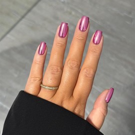 Mirror Metal Light Pink Press on Nails Medium Short Square Chrome Glazed Short Gel Nails Press ons Shiny Plating Nails Acrylic Nails Reusable Thick Fake Nails for Women Glue on Nails Medium Length