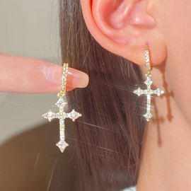 Silver Gold Cross Earrings for Women Men Dangle Gold Huggie Hoop Earrings for Women Chrome Mens Cross Charm Huggie Hoops CZ Heart Drop Dangle Ear Rings Y2k Dainty Bling Dangling Jewelry Lightweight (G)