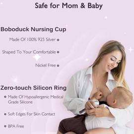 Boboduck The Original Silver Nursing Cups - 925 Silver Nipple Covers Breastfeeding - Protect and Soothe Sore Nipples - Silver Nipple Shield Guards with Soft Silicone Ring (Regular)