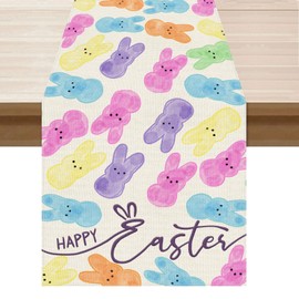 BOTB LIHM Happy Easter Colorful Cute Bunny Watercolor Rabbits Cloth Table Runner Burlap Table Decoration for Spring Home Kitchen Dining Dinner Indoor Holiday Farmhouse Decor 13x72 Inch