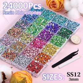 24000Pcs Resin Rhinestones with Tweezers for Crafting, Mixed-Color 3mm Bedazzling Crystal with 3Pcs 10ml B7000 Jewelry Glue for DIY Crafts Clothing Tumblers Shoes Fabric Nail Art