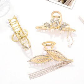 Formery Rhinestone Butterfly Hair Claws Gold Pearl Fishtail Hair Clip Tassel Leaf Accessories for Women (3PCS)