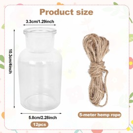 12 Stück Kleine Glasvasen Set, 125ml Mini Vasen mit 5m Juteschnur, 10.3cm Hoch Blumenvasen Vase Deko Kleine Vasen für Tischdeko Zuhause Hochzeiten Geburtstage Feste - Spülmaschinenfest