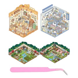 BARRU Pack of 4 DIY 3D House Stickers - Miniature Stickers for Supermarket, Cafe & Restaurant, Creative Sticker Scenes for DIY for Adults and Children