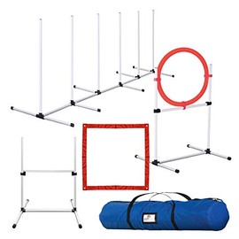 CHEERING PET Dog Agility Training Equipment, 4 Piece Dog Obstacle Course Includes Dog Jump, Tire Jump, Pause Box and Weave Poles with Carrying Case, Indoor Our Outdoor Dog Agilty Equipment