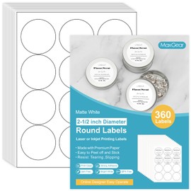 MaxGear 2.5" Round Sticker Labels, for Inkjet or Laser Printer, Matte White Printable Labels Sheets, Strong Adhesive, Dries Quickly, Holds Ink Well, 30 Sheets, 360 Labels
