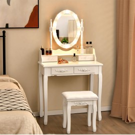 CHARMAID Girls Vanity Table with Lighted Mirror and Stool, 10 Dimmable LED Lights, 3 Color Lighting Modes, 4 Drawers, Rose-Shaped Handle, Bedroom Dressing Makeup Vanity Desk Set (White)