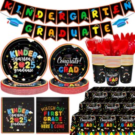 HigzYovn 190Pcs Kindergarten Graduation Decorations 2025 Kindergarten Graduation Party Supplies 2025 Kindergarten Graduation Banner with Graduation Plates and Napkins for Graduation 2025