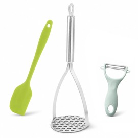 Potato Masher and Vegetable Peeler Set – Stainless Steel Kitchen Tools for Mashing Potatoes, Carrots, Fruits & Veg – Ergonomic Non-Slip Handle, Durable Mint Green Peeler Included for Easy Food Prep