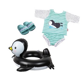 Heless 11 - Penguin Polka Dot Design 4 Piece Swim Set with Swim Outfit, Bath Slippers and Swim Ring Size Approx. 35-45 cm for Bathing Fun on Hot Summer Days
