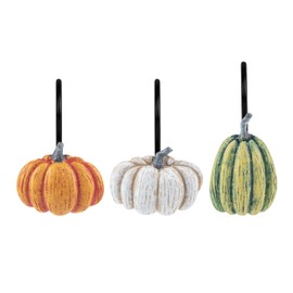 Sunlit Fall Pumpkin Shower Curtain Hooks, Autumn Harvest Festival Shower Curtain Rings with Black Hooks, Resin, Sage Green Khaki Orange Farmhouse Bathroom Curtain Hangers Decoration, Set of 12