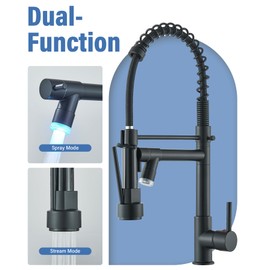 NeierThodore Kitchen Faucet with LED,Stainless Steel Single Handle Single Hole Kitchen Sink Faucet with Pull Down Sprayer,Spring Matte Black Kitchen Faucets