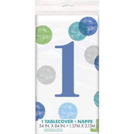 Blue Dots 1st Birthday Table Cover (137cm x 213cm) - Charming Rectangular Plastic Tablecloth - Perfect for Your Little's Celebrations - 1 Pc, 54" x 84"