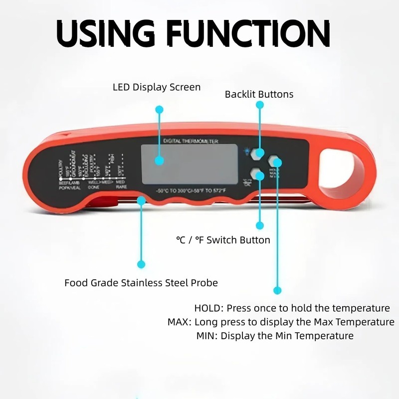 Digital Meat Thermometer, Waterproof Kitchen Thermometer with Backlight and Hold,