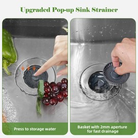 Kitchen Sink Drain Strainer Stopper, Stainless Steel Wrapped Pop Up Sink Stopper Strainer Basket for Standard 3-1/2 Inch Kitchen Sink, 3-in-1 Kitchen Sink Drain Stopper, Extra with 4 Strainers, Chrome