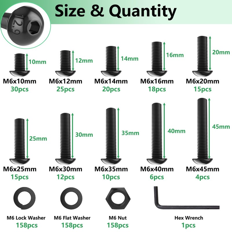 Twidec/633PCS M6 Bolt Assortment Kit 12.9 Grade M6x10/12/14/16/20/25/30/35/40/45mm Button Head
