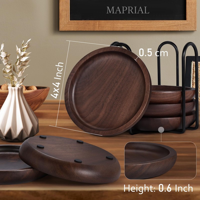 MAPRIAL Wood Coasters Set of 4 with Holder, 4 Inch