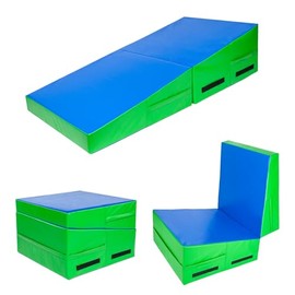 Matladin Incline Gymnastics Mat, Folding Gymnastics Wedge, Tumbling Skill Shape Mat for Kids - Blue+Green, 32.7 x 23.6 inches