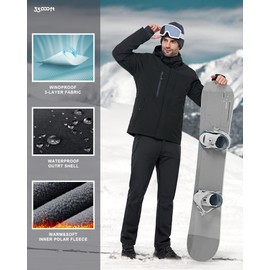 33,000ft Men's Fleece Lined Pants Softshell Ski Snow Pants Waterproof Outdoor Hiking Insulated Winter Pants Black
