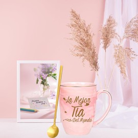 Sngtmug La Mejor Tia Del Mundo Mug, Birthday Mothers Day Gift for Tia Aunt from Niece 16 Ounce Pink with Gift Box