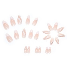Gloss & Go 24 Reusable Artificial Fake Nail Set| Peach White Silver Curve Design Nails| Lightweight & Long Lasting| Easy To Use| Quick Fix For Festivals & Special Occasions