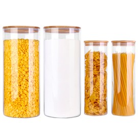 Glass Food Storage Jars, Food Containers with Airtight Bamboo Lids for Pasta, Cookies, Nuts, Coffee Beans, Cereal, Glass Canisters for Kitchen, Pantry Organization,Set of 4