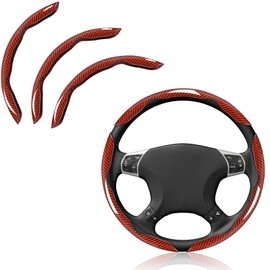 JDDRY 3PC Steering Wheel Cover Set,Wrap Grip Bright Carbon Fiber Steering Wheel Protector,Car Interios Accessories(Red,3PC)
