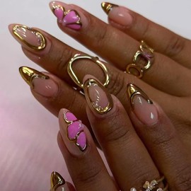 Gold Chrome French Tip Press on Nails Short Almond Fake Nails with 3D Gold Edge Pink Flower Design Butterfly False Nails Pearl Charms Glue on Nails Artificial Stick on Nails for Women Girls 24Pcs