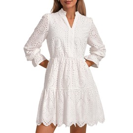 PRETTYGARDEN Women's Spring 2025 Long Puff Sleeve Mini Dress Hollow Out Lace V Neck A Line Ruffle Casual Party Dresses (White,Large)