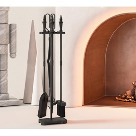 CALIDOLA 5-Piece Fireplace Tools Set - 29.5 in Cast Iron Black, Indoor & Outdoor Fireplace Accessories with Log Shovel, Brush, Tong, and Poker