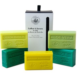La Maison du Savon de Marseille - French Soaps - Bio Sheabutter Hautpflege Geschenkset - Immergrünes Set - Zitronenbasilikum - Vetiver - Aloe Vera - Eisenkraut Manderine - Dschungel - 5 x 125g Riegel