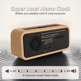 Loud Alarm Clocks Bedside, Wooden Alarm Clock with 12 Alarm Sounds, 5 Volumes, 5 Brightness, LED Display, Snooze, Manual DST, Loud Alarm Clocks for Bedroom Living Room, Mains Powered (Beech-White)