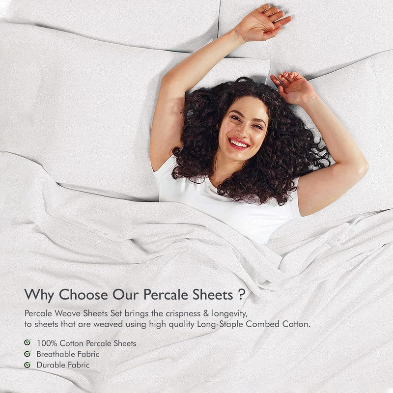 LINENWALAS Single Fitted Sheet with Pillowcase, 100% Cotton Percale Deep