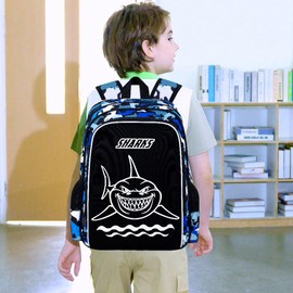 ZLYERT 3Pcs Glow in The Dark Backpack, 17 Inch Shark Bookbag for Boys With Lunch Box, School Laptop Backpacks Set For Teens(Blue)