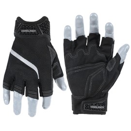 HANDLANDY Fingerless Work Gloves for Men Women, Half Finger Padded Working Glove, TPR Anti-Collision Gloves for Mechanic Warehouse Carpentry (Black-Reflective, M)