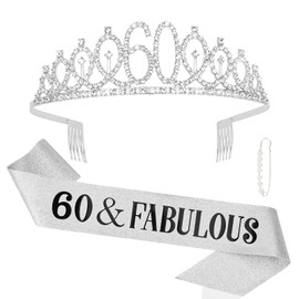 KIUEZIR 60&Fabulous Silver Birthday Tiara and Sash Set - Rhinestone & Alloy Tiara Headband with Comb & Glitter Sash, Women's 60th Party Accessories for 60th Anniversary/Birthday Celebrations