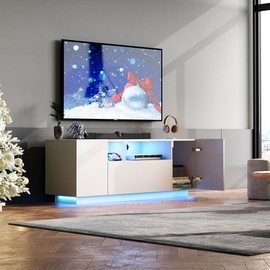 WLIVE TV Stand with LED Lights & Large Storage Cabinet, Modern Entertainment Center for 32/43/50/55 Inchs TVs, Sturdy Media Console for Living Room, Bedroom,Gaming(White)