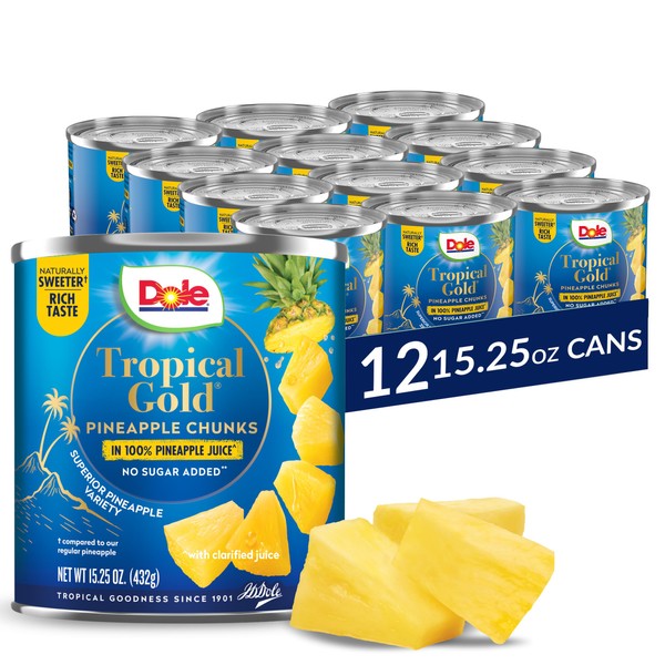 Dole Canned Fruit, Tropical Gold Pineapple Chunks in 100% Pineapple Juice, Gluten Free, Pantry Staples, No Sugar Added, 15.25 Oz, 12 Count