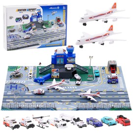 Aeroplane Toy for Children with Helicopter, Plane, Trucks, Signs, Fire Engines and Airport Play Mat, Parking Garage Playset Gift for Children 3+ Boys Girls