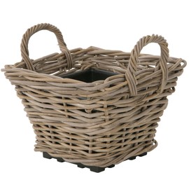 Kouboo Square Rattan Planter Basket with Handles - 1.25 Gallon Capacity Plastic Pot Liner with Drain Holes Included - No Saucer - Indoor and Outdoor Use
